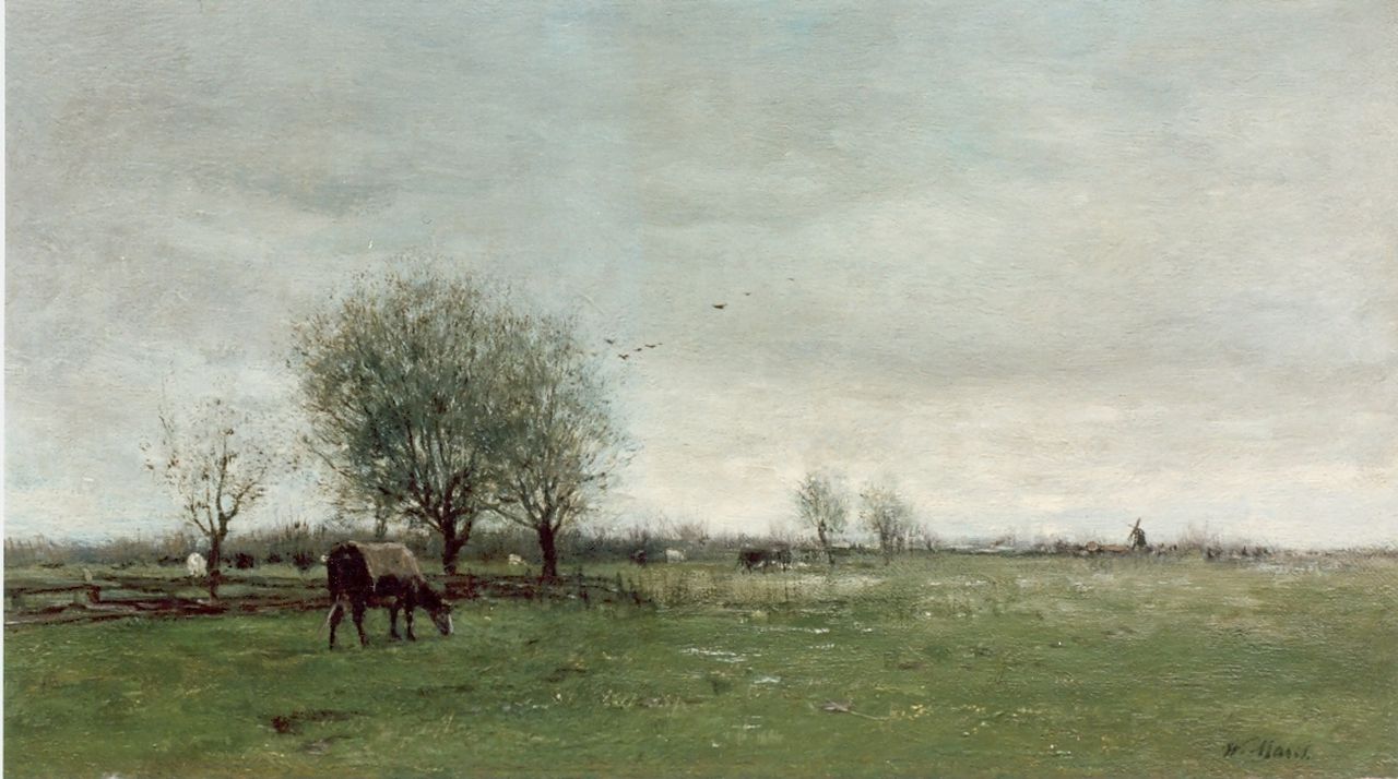 Maris W.  | Willem Maris, Polderlandschap, olieverf op doek 23,4 x 42,0 cm, gesigneerd rechtsonder
