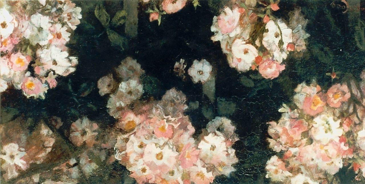 Looy J. van | Jacobus van Looy, Roze bloemen, olieverf op paneel 24,7 x 50,2 cm, gesigneerd linksonder
