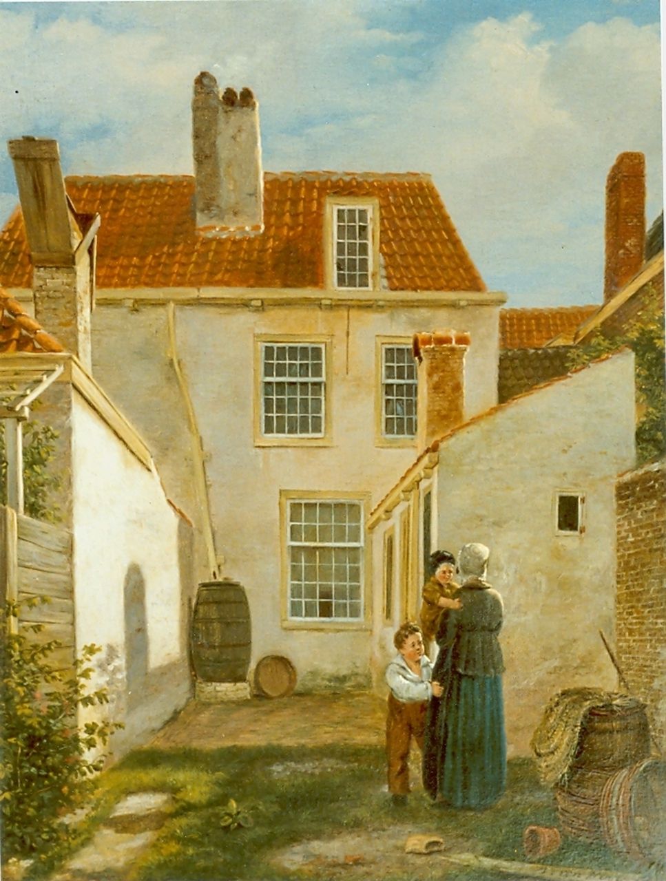 Hove B.J. van | Bartholomeus Johannes 'Bart' van Hove, Moeder met twee kinderen op achterplaats, olieverf op paneel 29,0 x 23,0 cm, gesigneerd rechtsonder