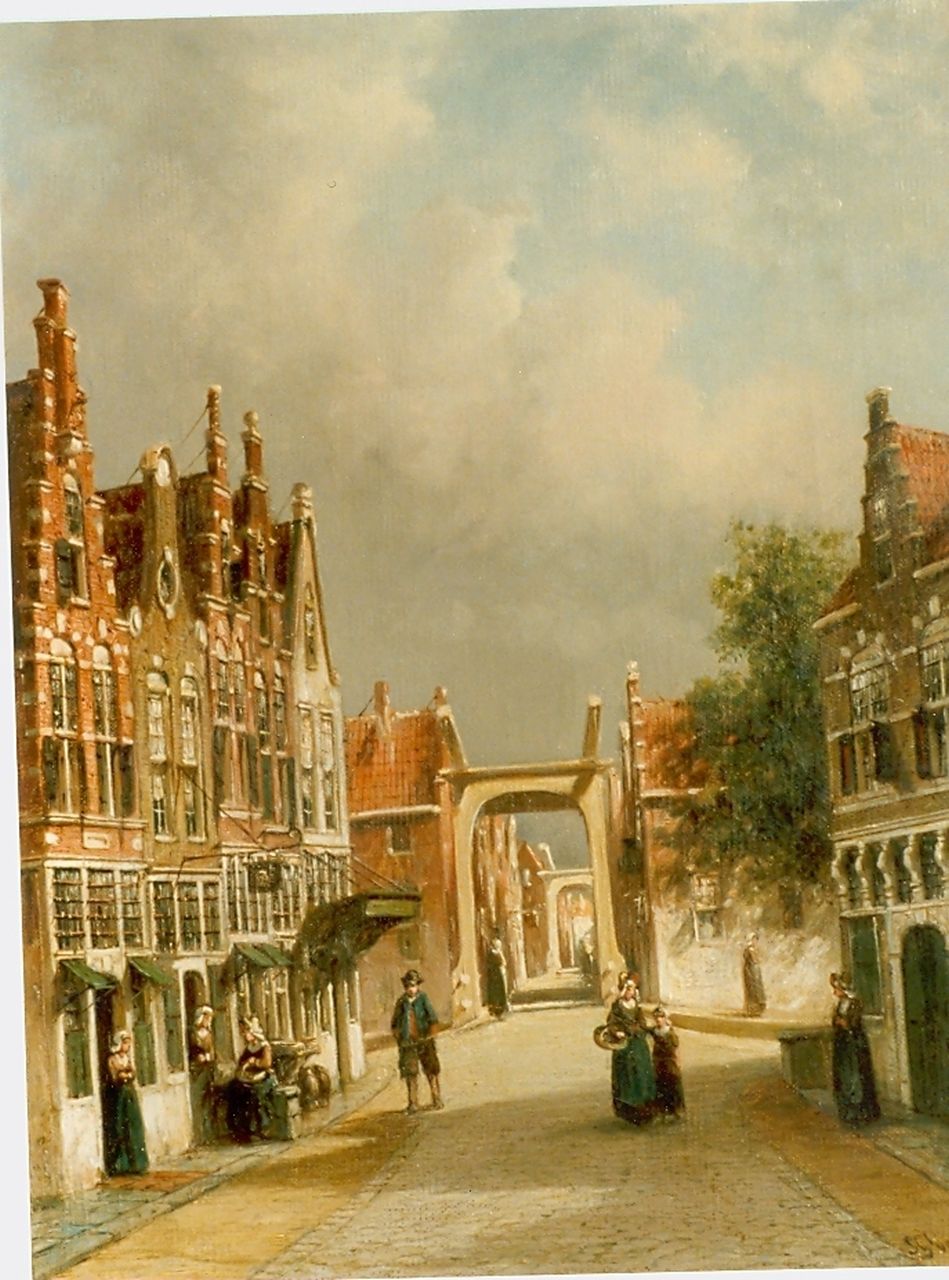 Vertin P.G.  | Petrus Gerardus Vertin, Zonnig doorkijkje op Oud-Hollands straat, olieverf op doek 44,1 x 34,4 cm, gesigneerd rechtsonder en gedateerd '88