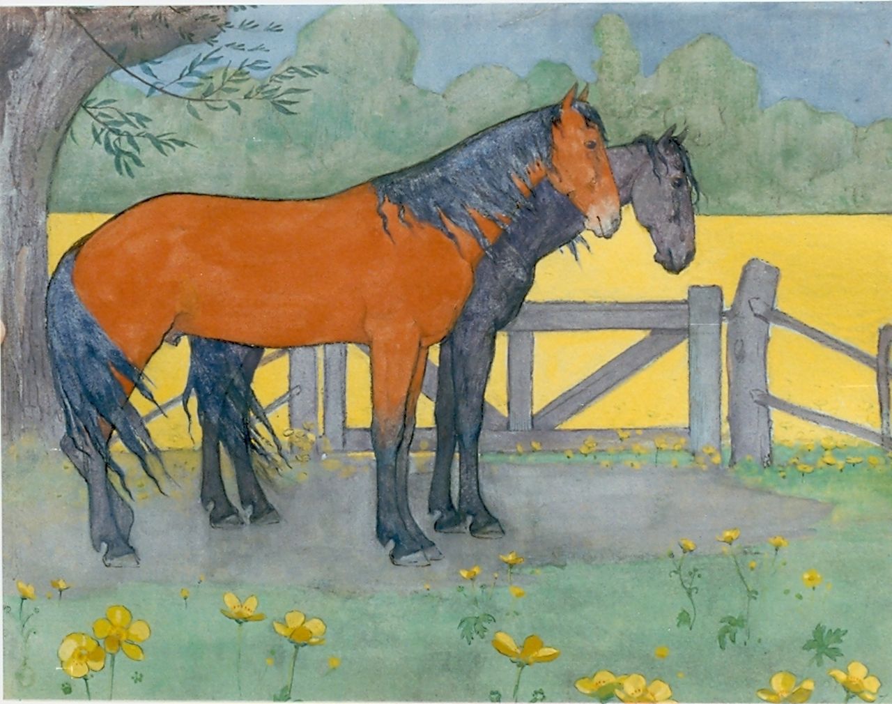 Voerman sr. J.  | Jan Voerman sr., Twee paarden bij het hek, gouache op board 25,0 x 32,0 cm, gesigneerd gesigneerd met monogram