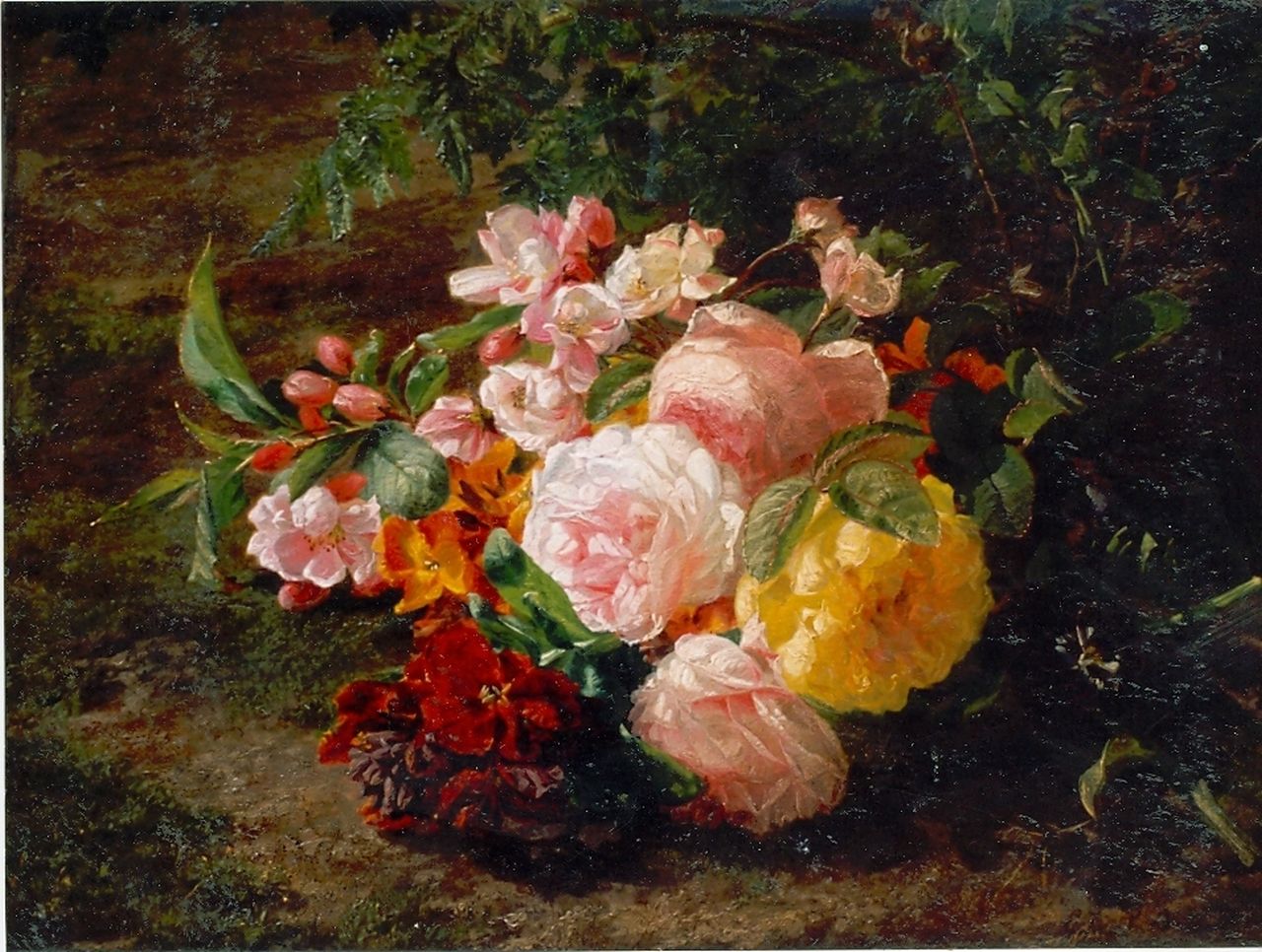 Sande Bakhuyzen G.J. van de | 'Gerardine' Jacoba van de Sande Bakhuyzen, Boeket rozen op de bosgrond, olieverf op paneel 30,5 x 41,3 cm, gesigneerd rechtsonder
