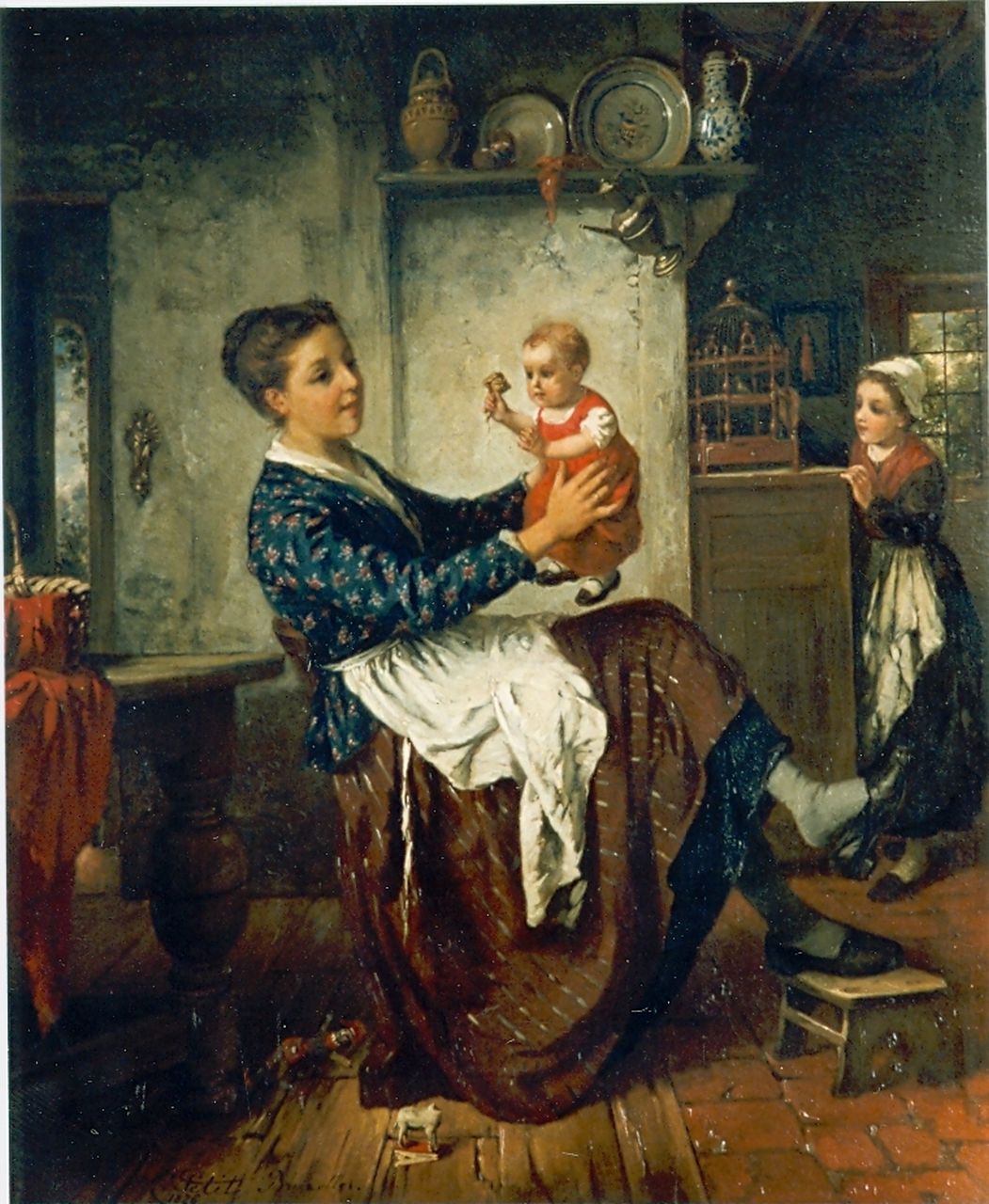 Vaarberg J.C.  | Joannes Christoffel Vaarberg, Interieur met moeder en baby, olieverf op paneel 35,5 x 28,0 cm, gesigneerd linksonder