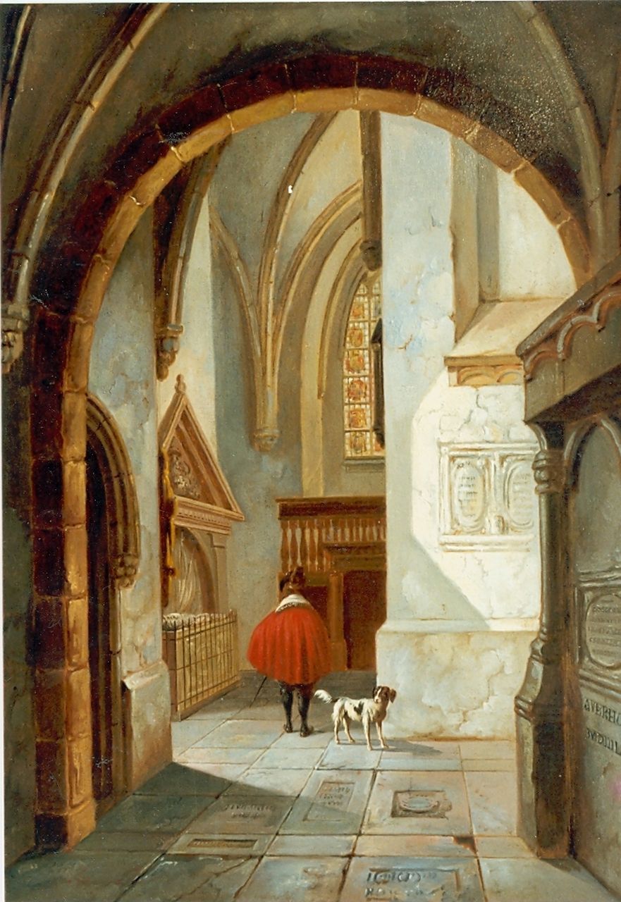 Verhoesen A.  | Albertus Verhoesen, Kerkinterieur met man en hond, olieverf op paneel 33,8 x 26,0 cm, gesigneerd rechtsonder en gedateerd 1859