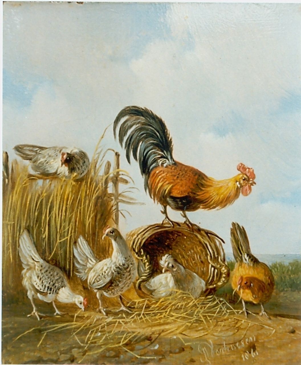 Verhoesen A.  | Albertus Verhoesen, Haan met zijn kippen, olieverf op paneel 12,5 x 10,2 cm, gesigneerd rechtsonder en gedateerd 1861