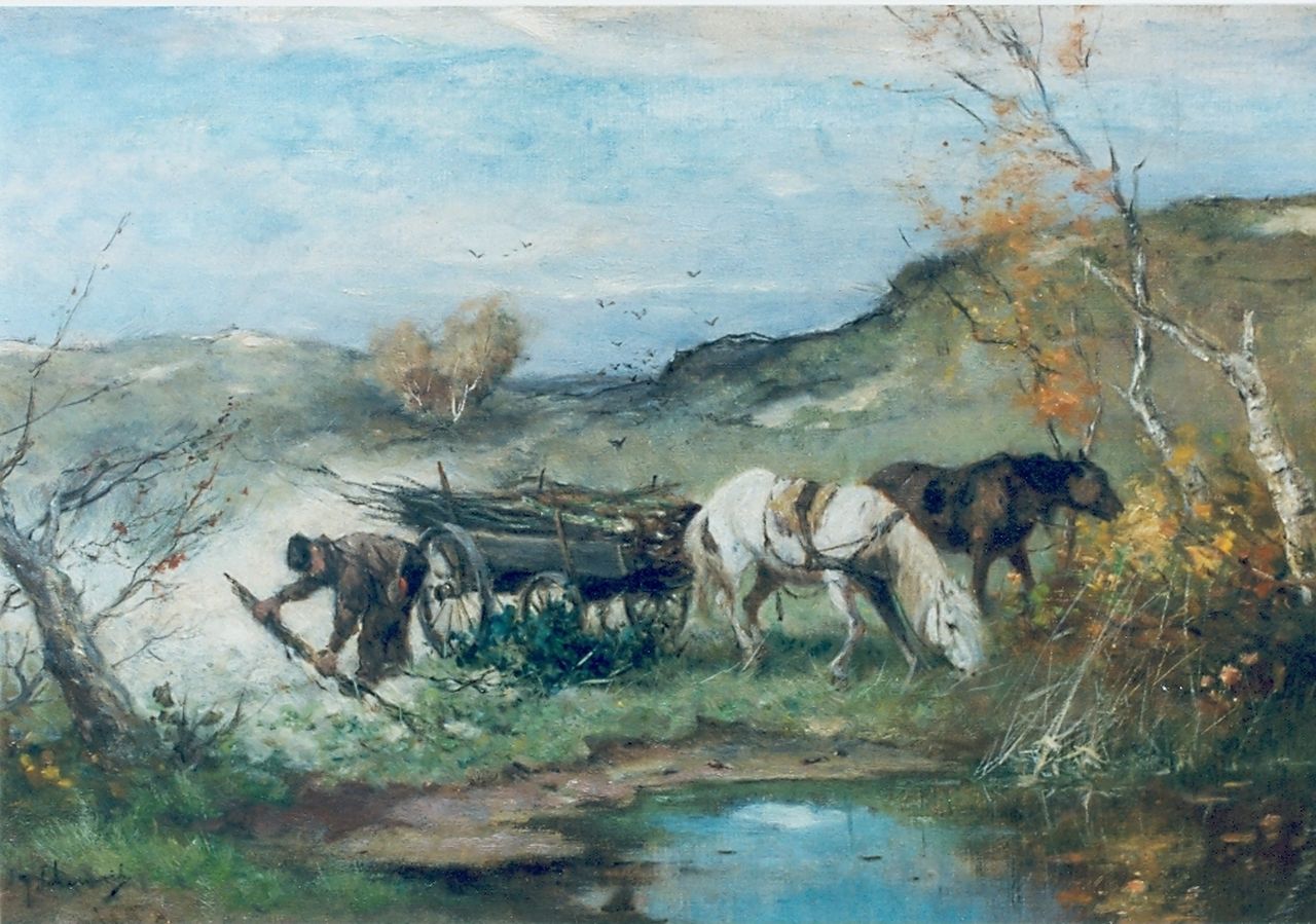 Scherrewitz J.F.C.  | Johan Frederik Cornelis Scherrewitz, Sprokkelaar met paarden in de duinen, olieverf op doek 40,5 x 65,0 cm, gesigneerd linksonder