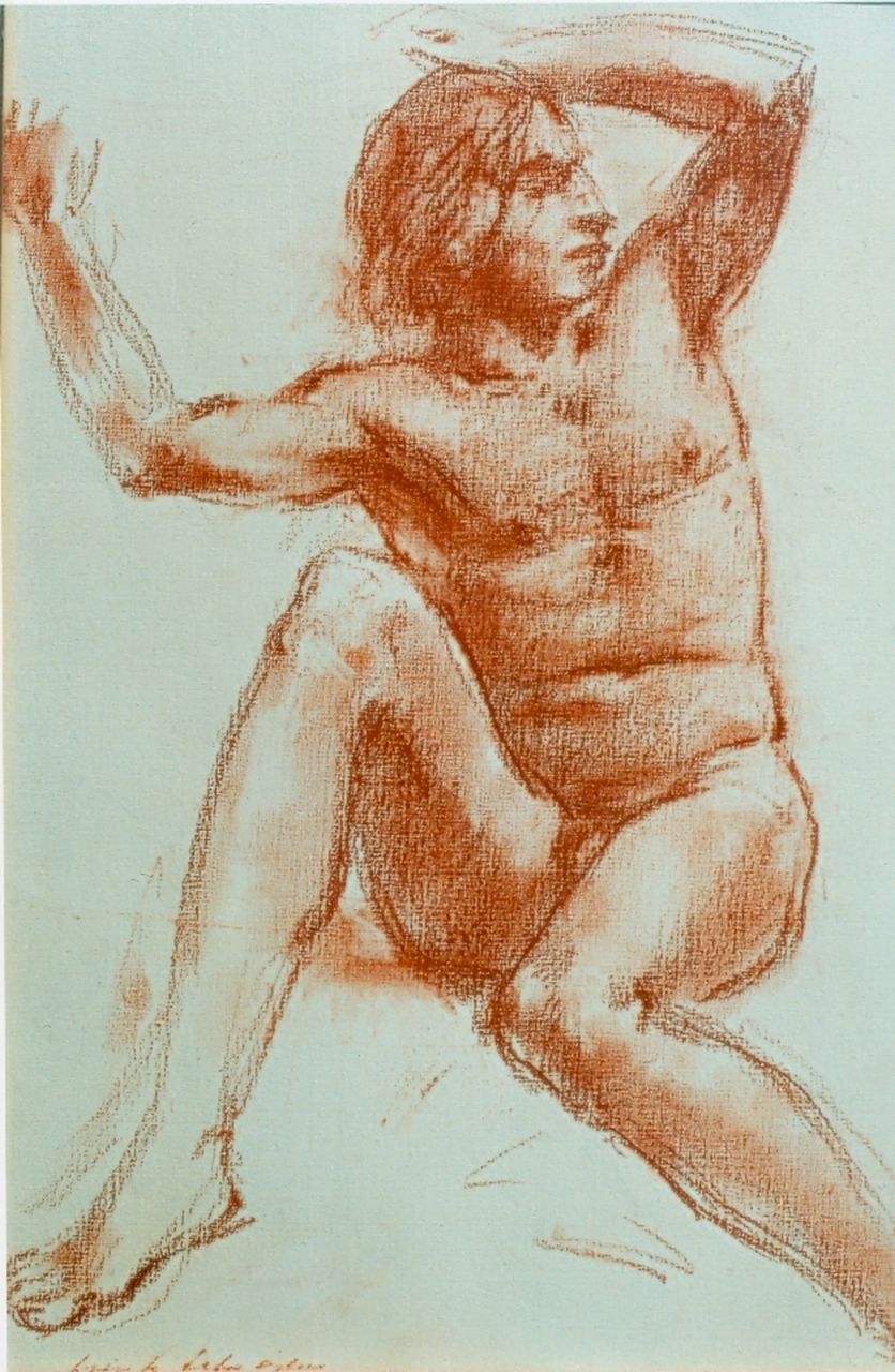Sierk Schröder | Naakt mannenfiguur, rood krijt op papier, 42,0 x 30,0 cm, gesigneerd l.o.