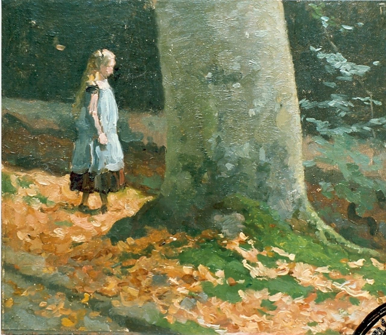 Tholen W.B.  | Willem Bastiaan Tholen, Jong meisje in het bos, olieverf op doek op paneel 21,3 x 26,2 cm, gesigneerd rechtsboven