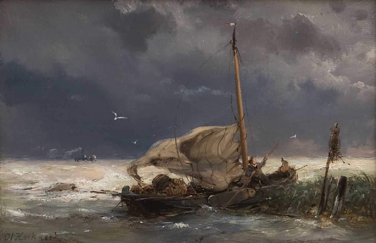 Koekkoek H.  | Hermanus Koekkoek, Vissersboot en stoomschip in zwaar weer, olieverf op paneel 10,7 x 16,0 cm, gesigneerd linksonder en VERKOCHT