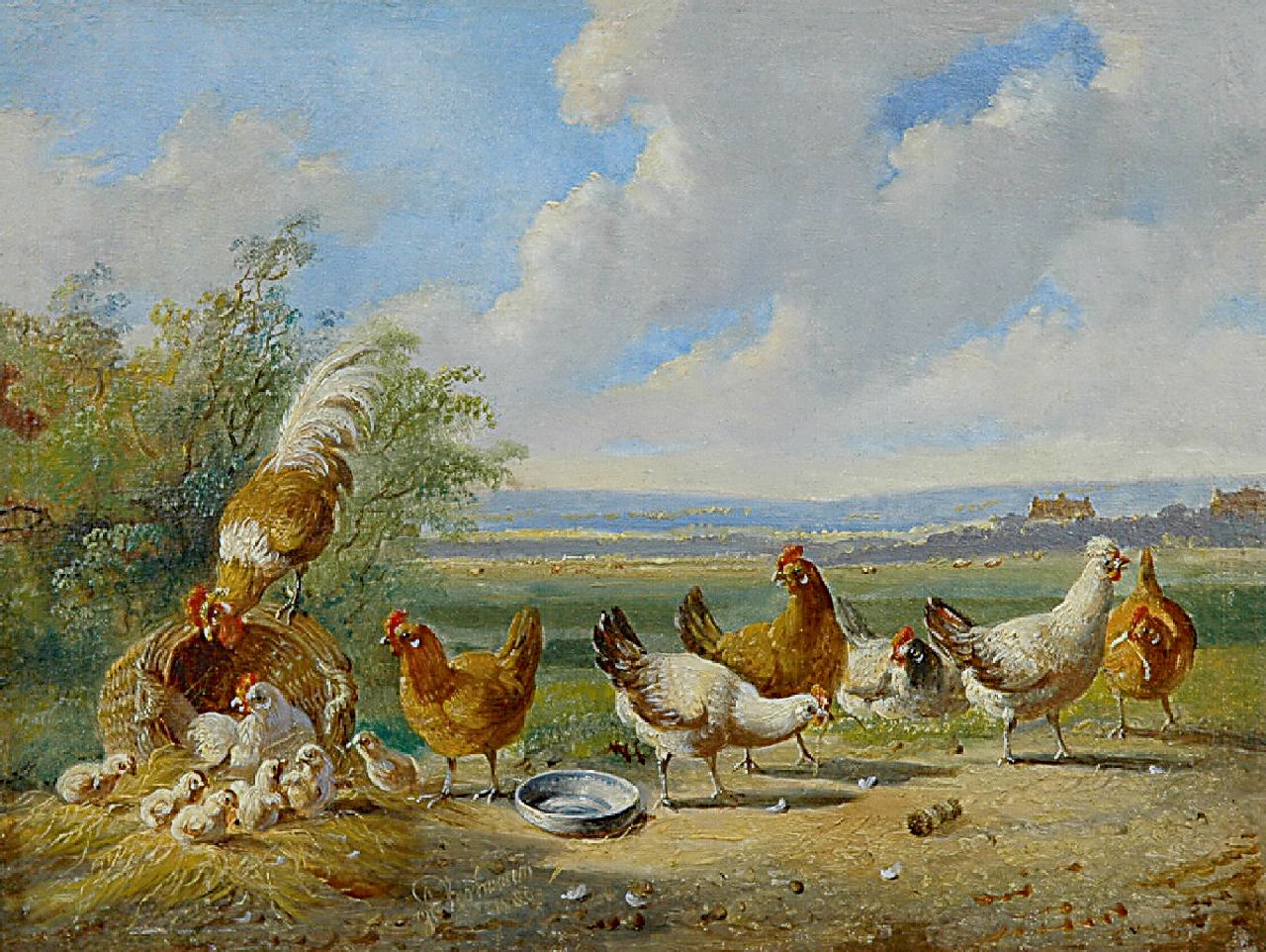 Verhoesen A.  | Albertus Verhoesen, Pluimvee in een weids landschap, olieverf op paneel 14,5 x 19,0 cm, gesigneerd links van het midden. en gedateerd 1880