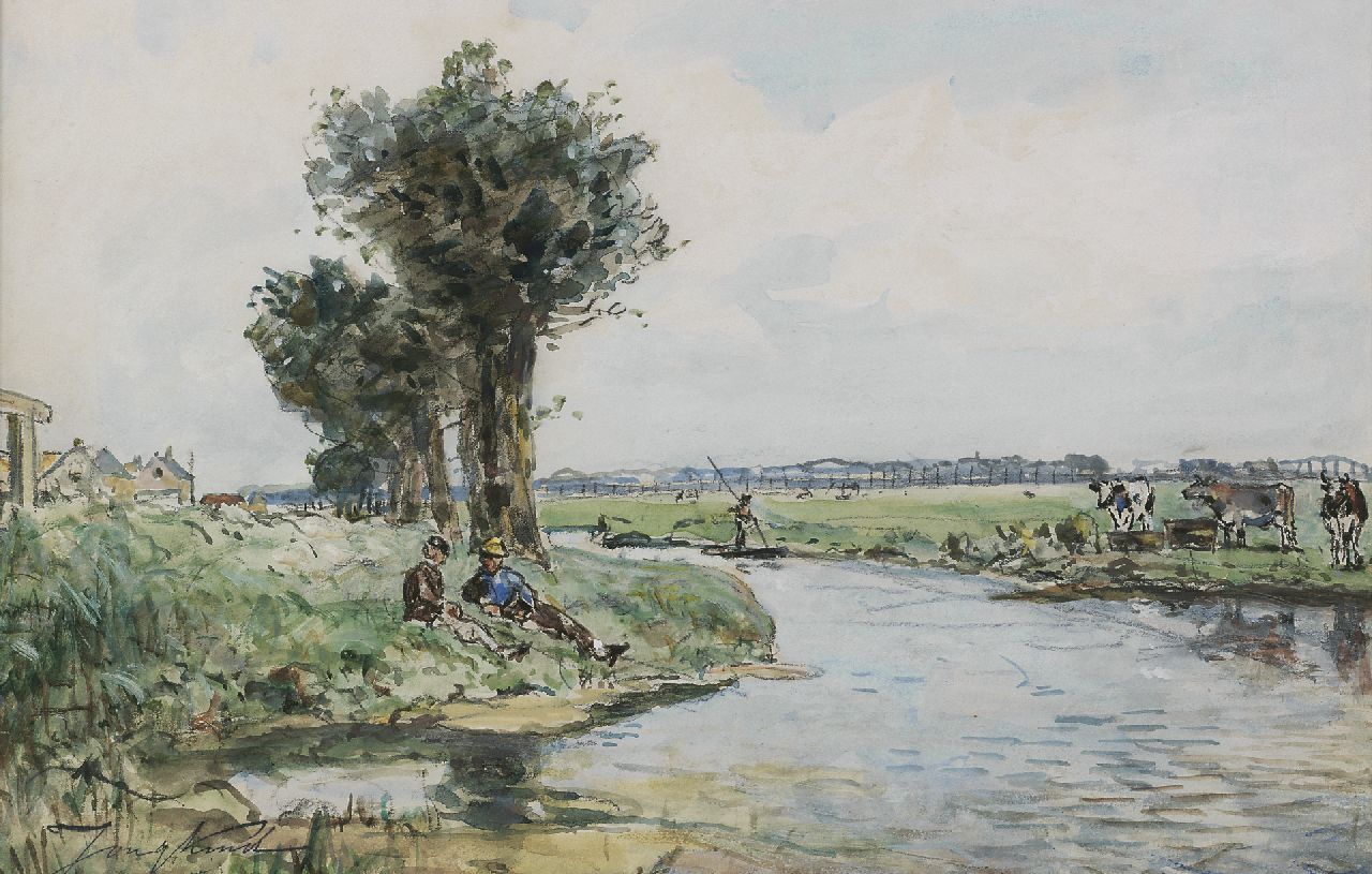 Jongkind J.B.  | Johan Barthold Jongkind, Langs de rivier, aquarel op papier 28,2 x 41,2 cm, gesigneerd linksonder met naamstempel en te dateren 1867