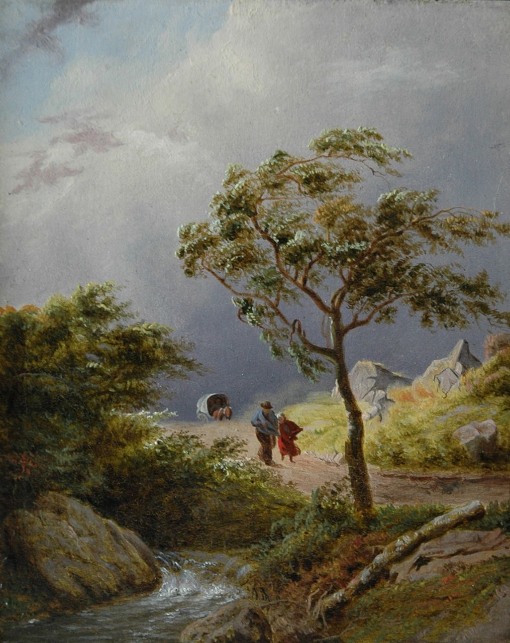 Klombeck J.B.  | Johann Bernard Klombeck, Landvolk op een zandweg bij opkomende storm, olieverf op paneel 15,6 x 12,6 cm