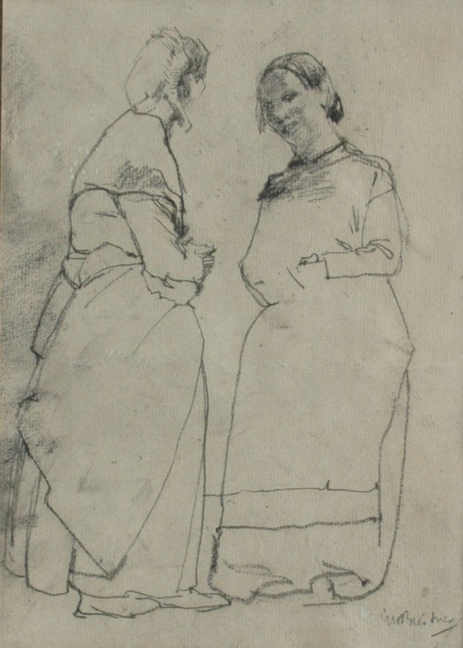 Breitner G.H.  | George Hendrik Breitner, Twee dienstbodes in gesprek, zwart krijt op papier 23,5 x 16,5 cm, gesigneerd rechtsonder