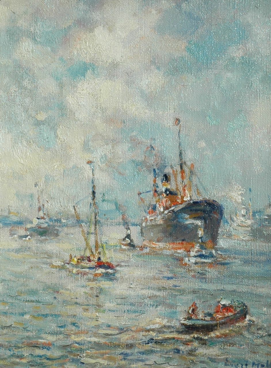 Moll E.  | Evert Moll, Rotterdams havengezicht, olieverf op doek 25,3 x 19,5 cm, gesigneerd rechtsonder