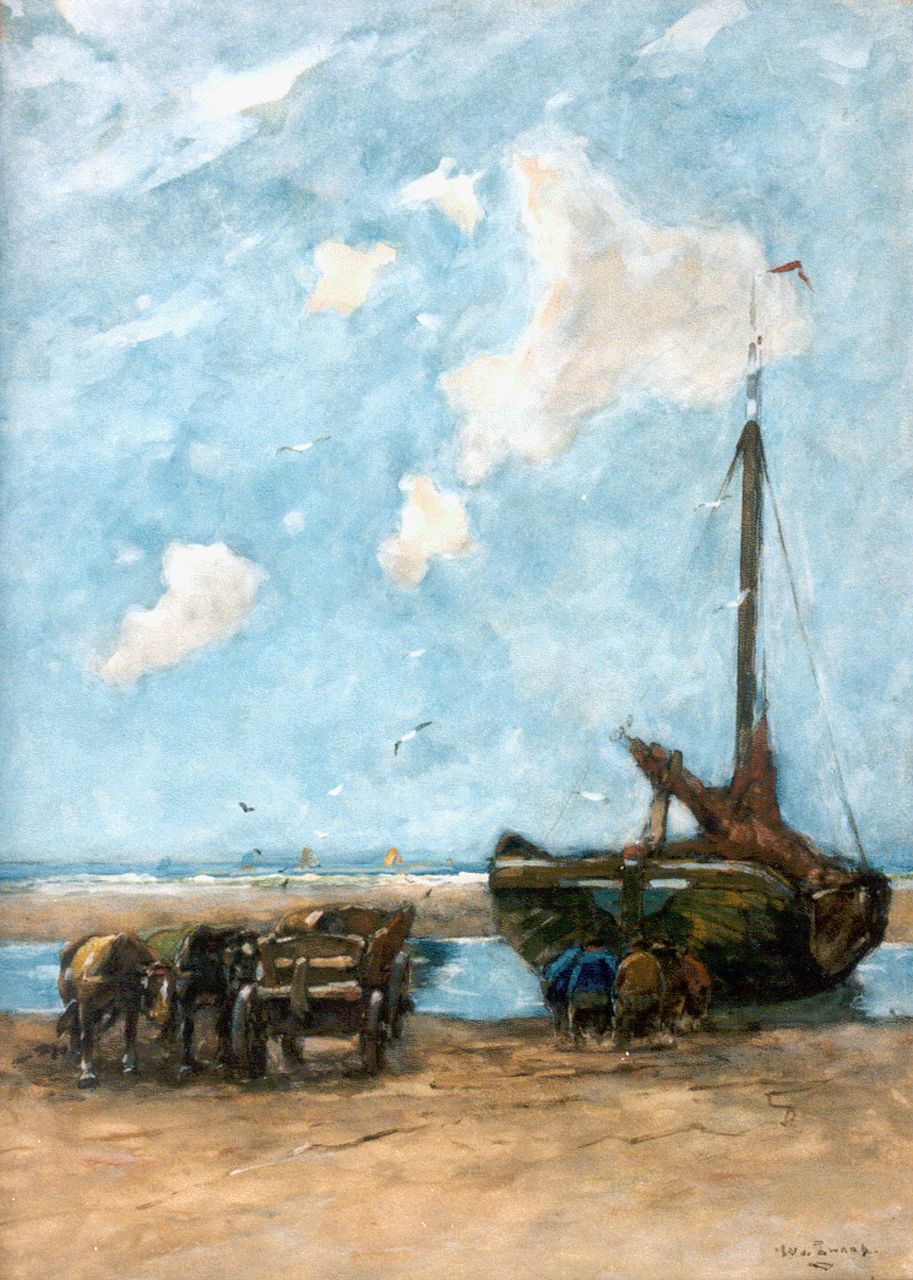 Zwart W.H.P.J. de | Wilhelmus Hendrikus Petrus Johannes 'Willem' de Zwart, Op 't Scheveningse strand, aquarel op papier 56,5 x 40,5 cm, gesigneerd rechtsonder