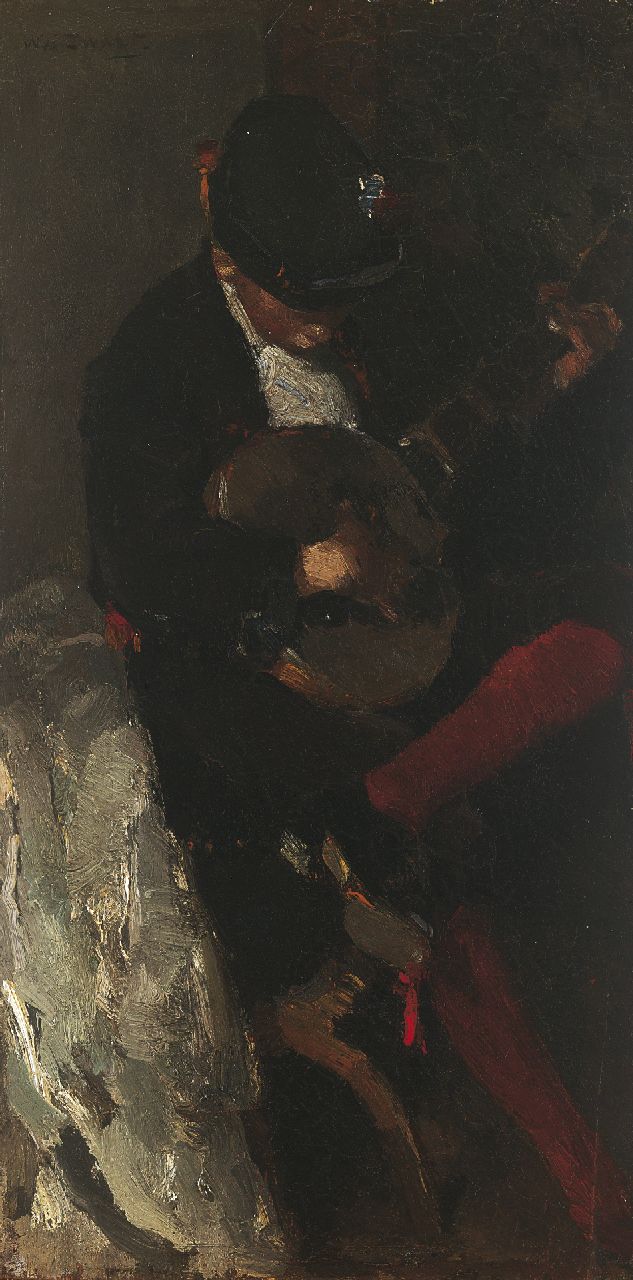 Zwart W.H.P.J. de | Wilhelmus Hendrikus Petrus Johannes 'Willem' de Zwart, Musicerende jongen in Spaans kostuum, olieverf op paneel 42,0 x 21,7 cm, gesigneerd linksboven en te dateren 1889