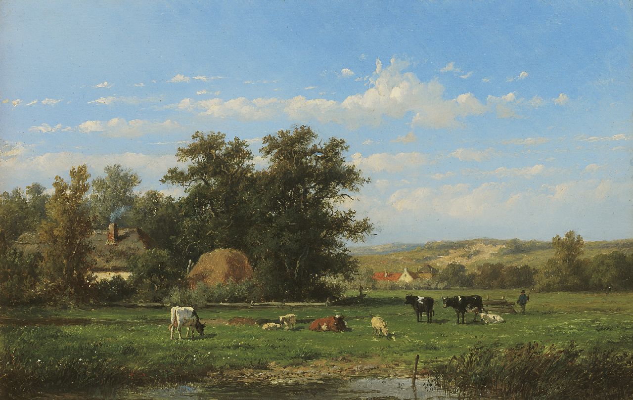 Wijngaerdt A.J. van | Anthonie Jacobus van Wijngaerdt, Vee in zomers landschap achter de duinen, olieverf op paneel 25,2 x 37,1 cm, gesigneerd rechtsonder