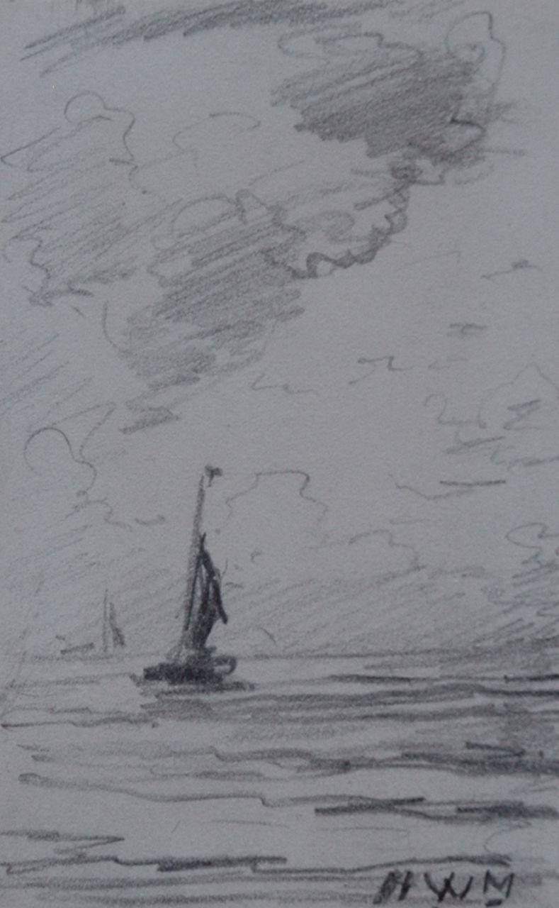 Mesdag H.W.  | Hendrik Willem Mesdag, Bomschuit op volle zee, potlood op papier 10,1 x 6,4 cm, gesigneerd rechtsonder met initialen