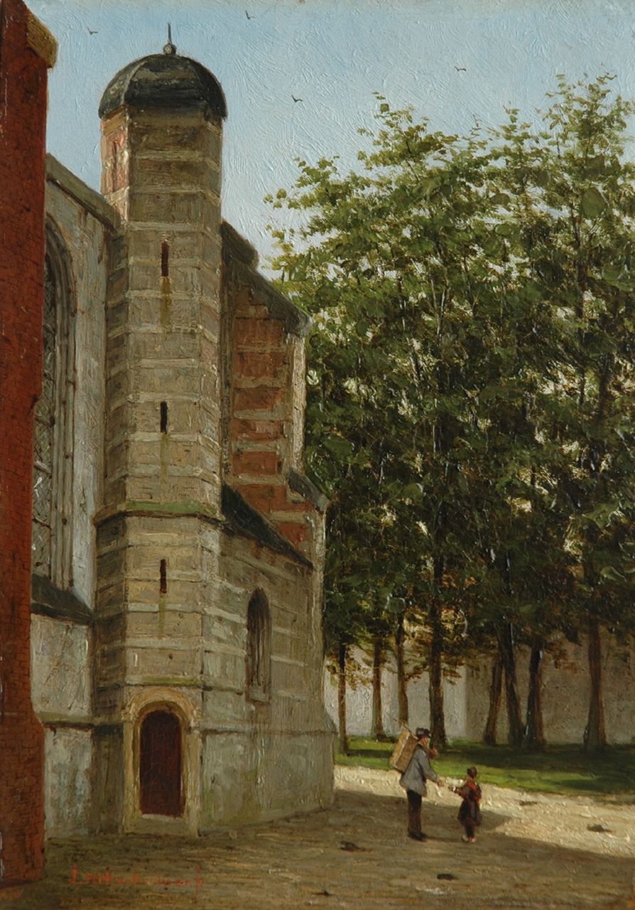 Mittertreiner J.J.  | Johannes Jacobus Mittertreiner, Achter de kerk, olieverf op paneel 22,1 x 15,7 cm, gesigneerd linksonder