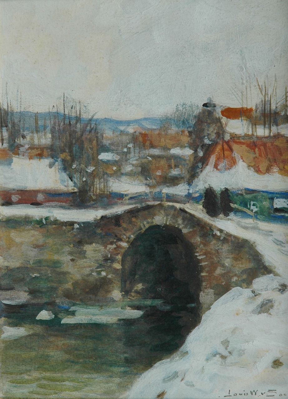 Soest L.W. van | 'Louis' Willem van Soest, Stenen bruggetje in de sneeuw, aquarel op papier 18,8 x 13,9 cm, gesigneerd rechtsonder