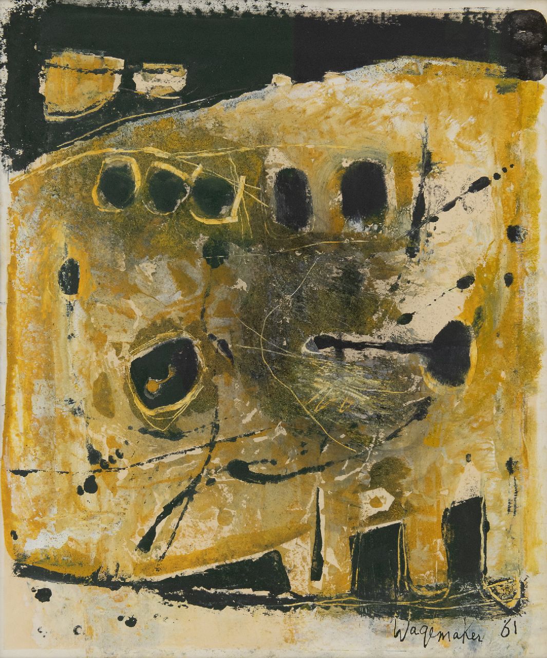 Wagemaker A.B.  | Adriaan Barend 'Jaap' Wagemaker, Abstract in geel en zwart, gemengde techniek op papier 54,0 x 44,5 cm, gesigneerd rechtsonder en gedateerd '61