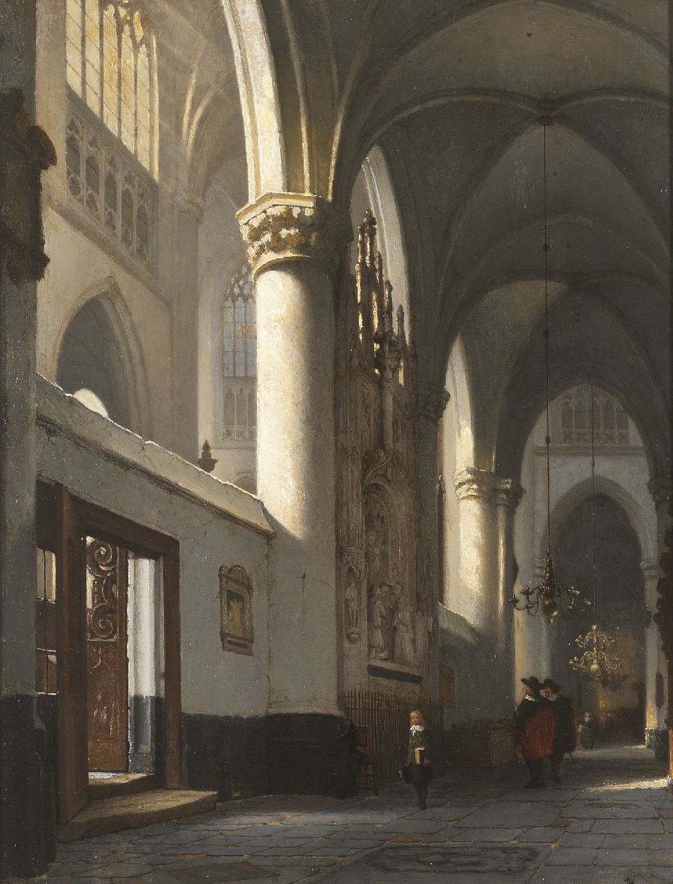 Schenkel J.J.  | Jan Jacob Schenkel, Interieur van de Grote Kerk in Breda, met het grafmonument van Engelbert I van Nassau, olieverf op paneel 62,4 x 48,3 cm