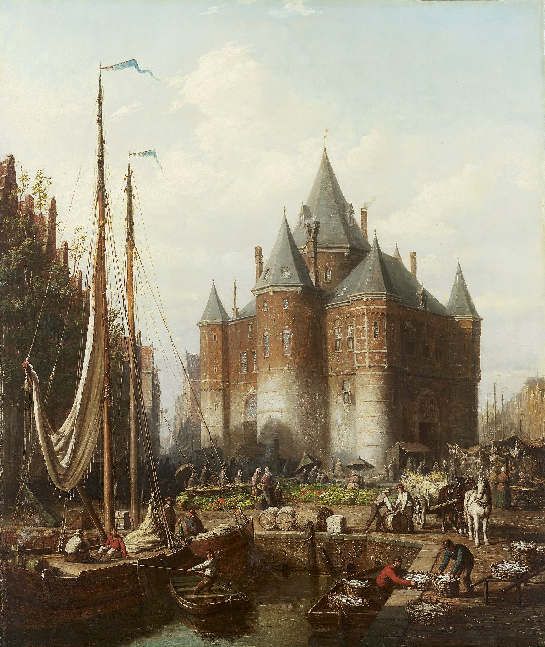 Scheerboom A.  | Andries Scheerboom, Levendige havenscène met markt en de Amsterdamse Waag, olieverf op doek 81,5 x 70,5 cm, gesigneerd linksonder en gedateerd 1871