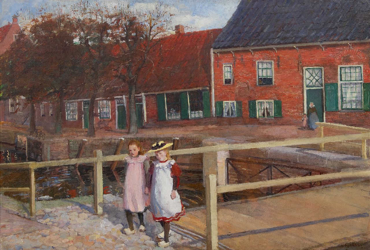 Jo Koster | Twee meisjes bij de stadsgracht in Hasselt, olieverf op doek, 49,3 x 72,1 cm, gesigneerd r.o. en ca. 1901