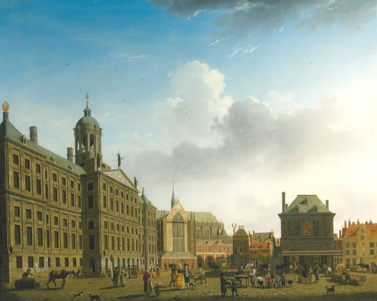 Ouwater I.  | Isaac Ouwater, De Dam in Amsterdam met het Stadhuis en de Waag, olieverf op doek 61,6 x 77,8 cm, gesigneerd rechtsonder en gedateerd 1782