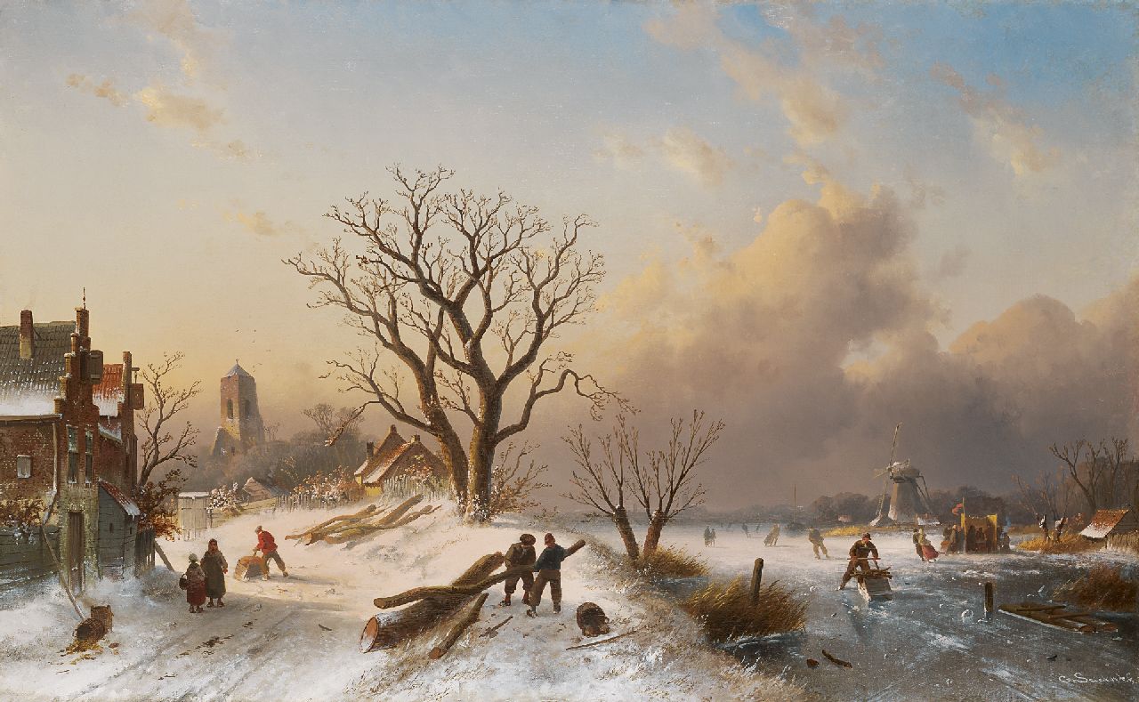 Leickert C.H.J.  | 'Charles' Henri Joseph Leickert, Hollands winterlandschap met schaatsers en houthakkers, olieverf op doek 62,0 x 101,0 cm, gesigneerd rechtsonder en te dateren ca. 1860-1865