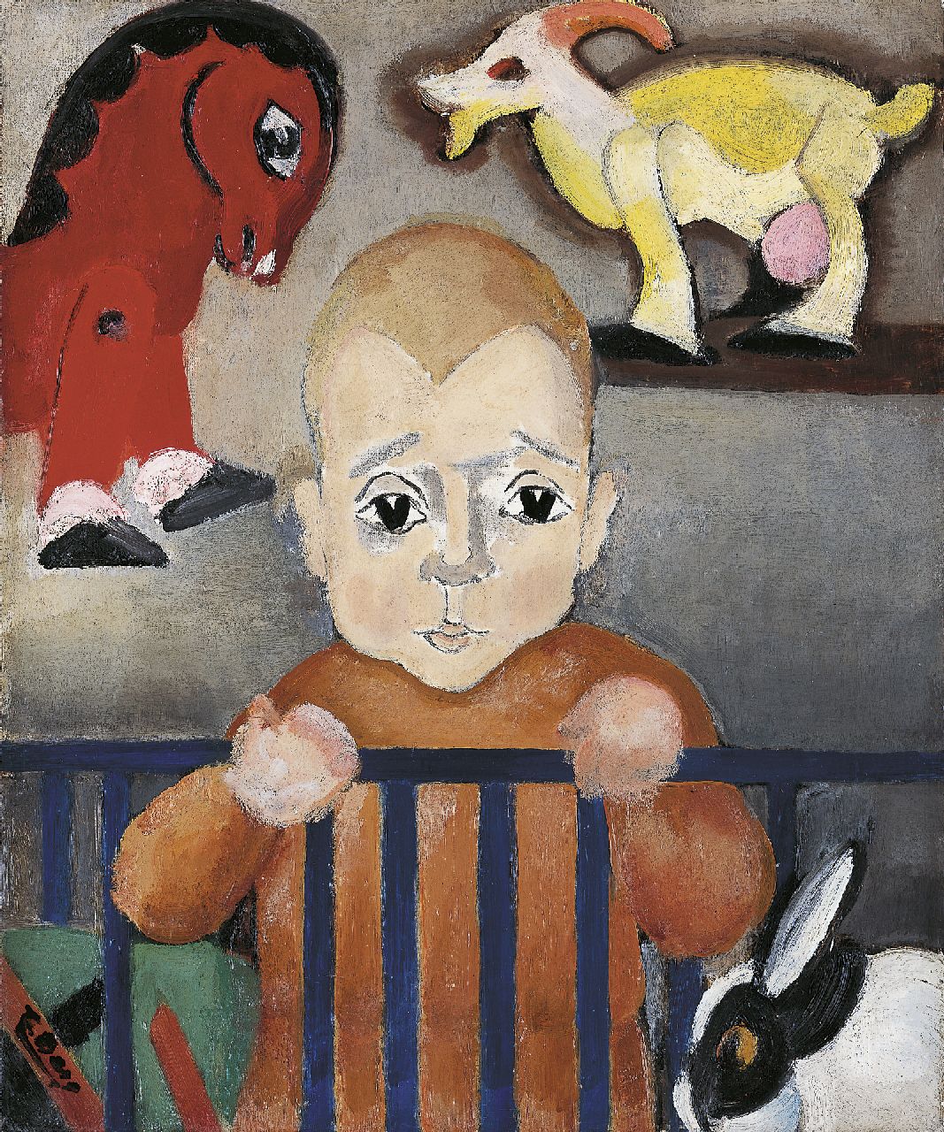 Berg E.  | Else Berg, Jongen met speelgoeddieren, olieverf op doek 46,4 x 38,5 cm, gesigneerd linksonder en te dateren ca. 1930