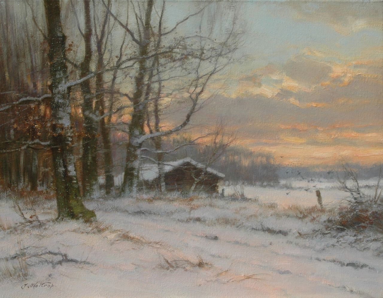 Holtrup J.  | Jan Holtrup, Winterlandschap in avondlicht, olieverf op doek 35,0 x 45,2 cm, gesigneerd linksonder