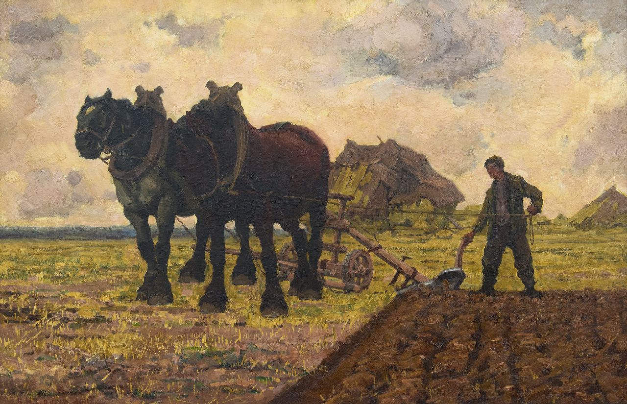 Gouwe A.H.  | Adriaan Herman Gouwe, Ploegende paarden, olieverf op doek 65,8 x 100,6 cm, gesigneerd linksonder en gedateerd 1911