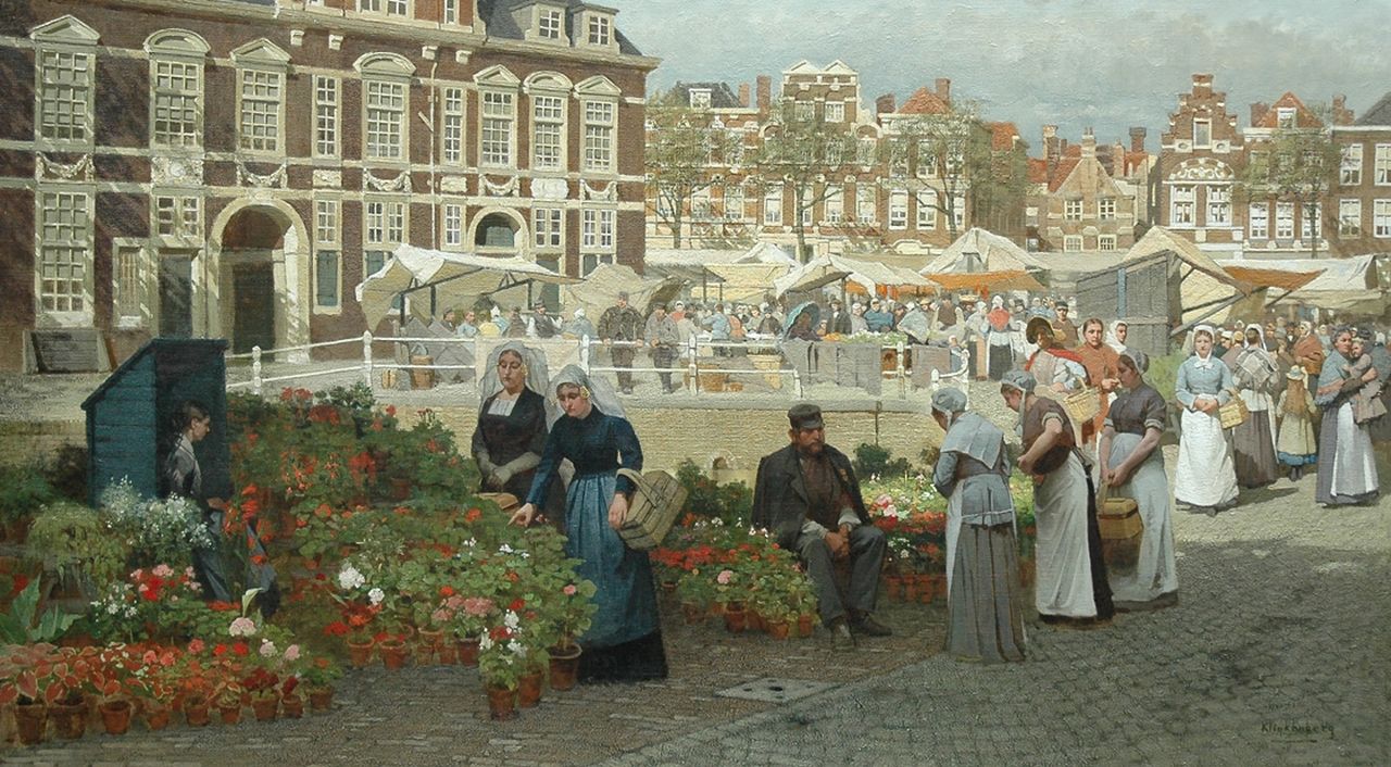 Klinkenberg J.C.K.  | Johannes Christiaan Karel Klinkenberg, Gezicht op de Grote Markt in Den Haag met twee vrouwen in Zuid-Hollandse dracht, olieverf op doek 82,1 x 144,0 cm, gesigneerd rechtsonder