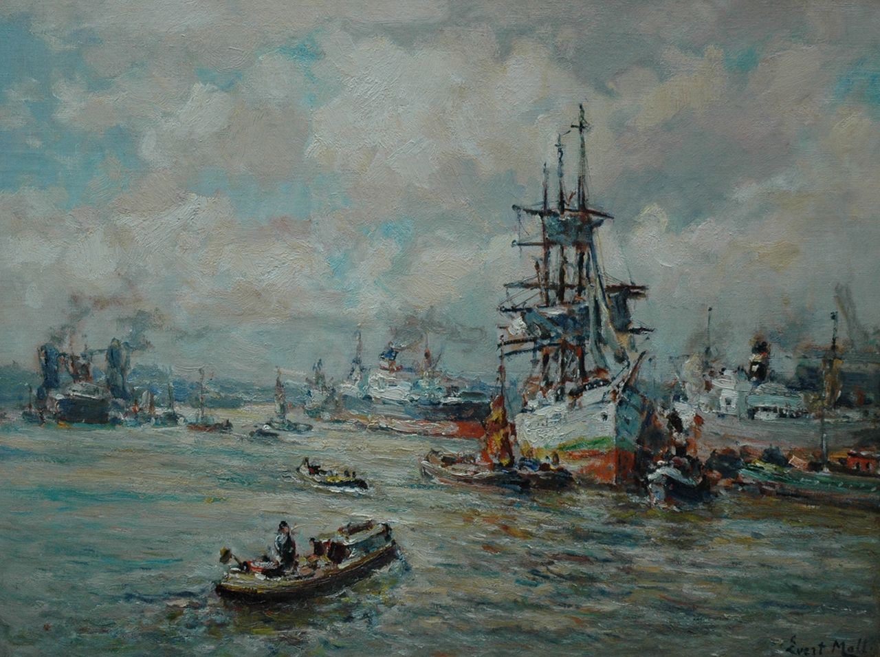 Moll E.  | Evert Moll, Havengezicht met driemaster en stoomschepen, Rotterdam, olieverf op doek 60,0 x 80,3 cm, gesigneerd rechtsonder