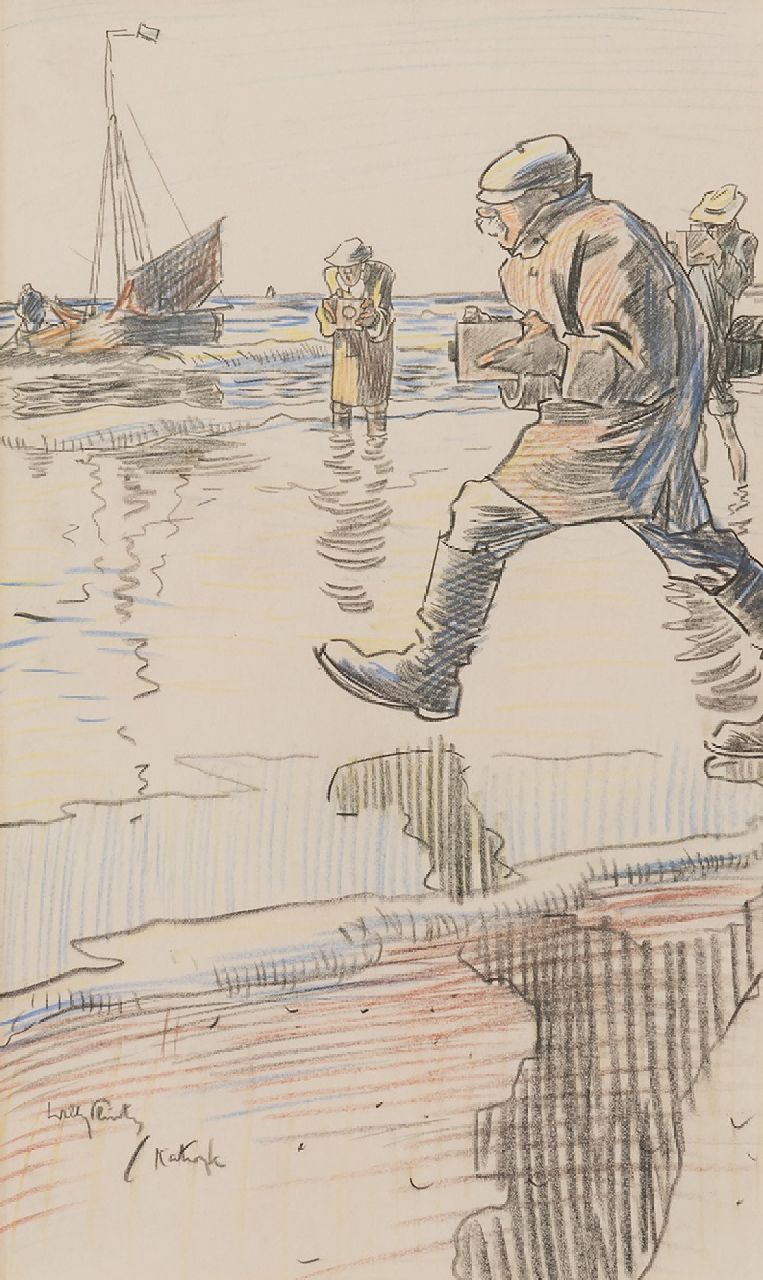 Sluiter J.W.  | Jan Willem 'Willy' Sluiter, Met de camera op het strand van Katwijk, krijt op papier 32,7 x 19,7 cm, gesigneerd linksonder