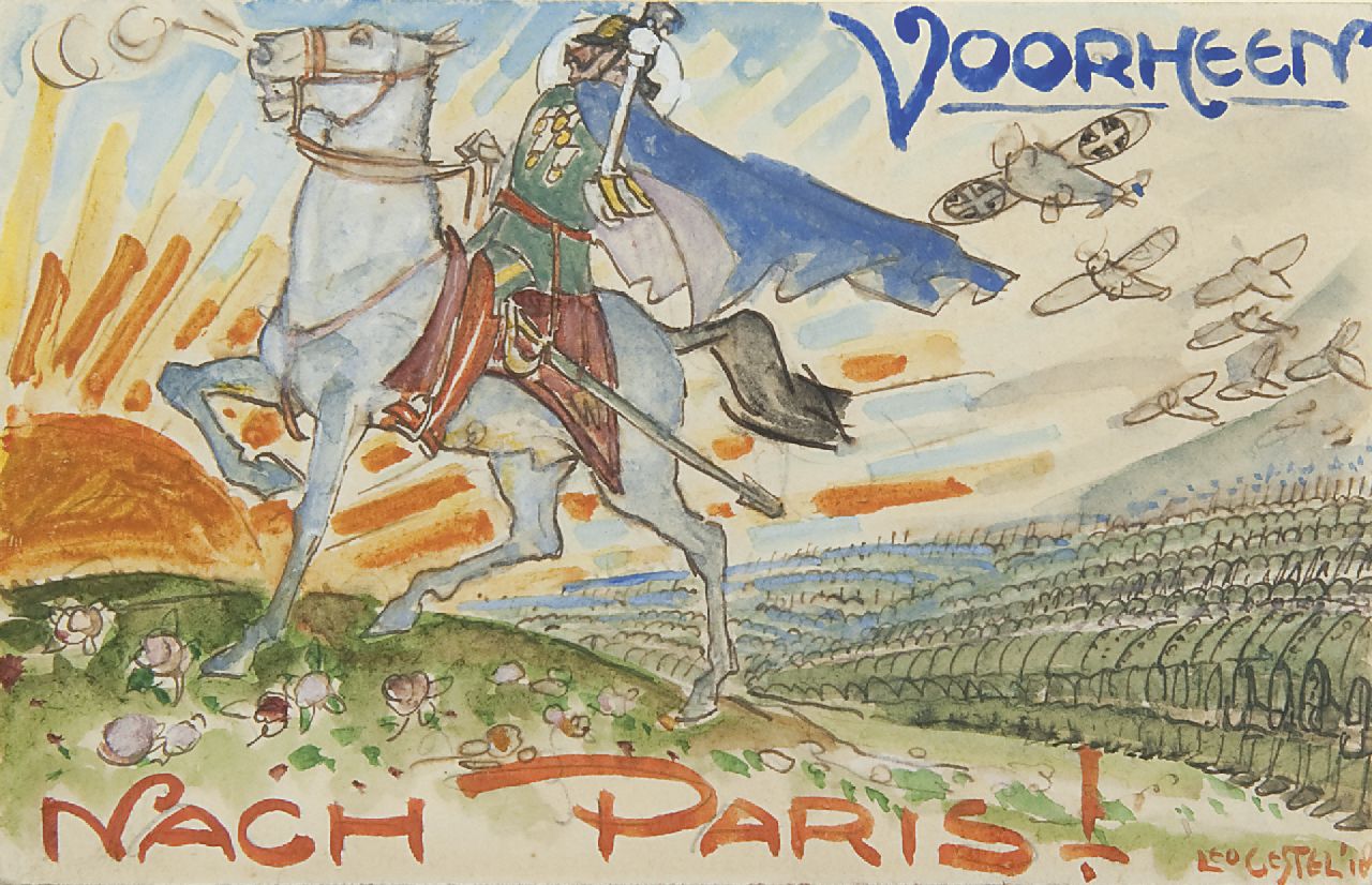 Gestel L.  | Leendert 'Leo' Gestel, Nach Paris!: keizer Wilhelm II trekt ten strijde, aquarel op papier 9,0 x 14,0 cm, gesigneerd rechtsonder en gedateerd '18