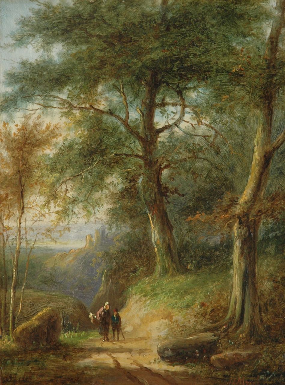Morel II J.E.  | Jan Evert Morel II, Boerenvrouw en kind op een bospad, olieverf op paneel 21,5 x 15,9 cm, gesigneerd rechtsonder