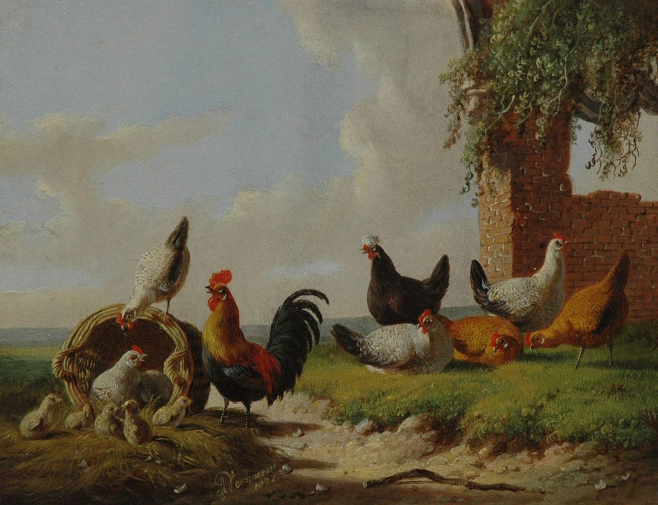 Verhoesen A.  | Albertus Verhoesen, De haan met zijn hennen, olieverf op paneel 13,3 x 17,4 cm, gesigneerd links van het midden. en gedateerd 1872