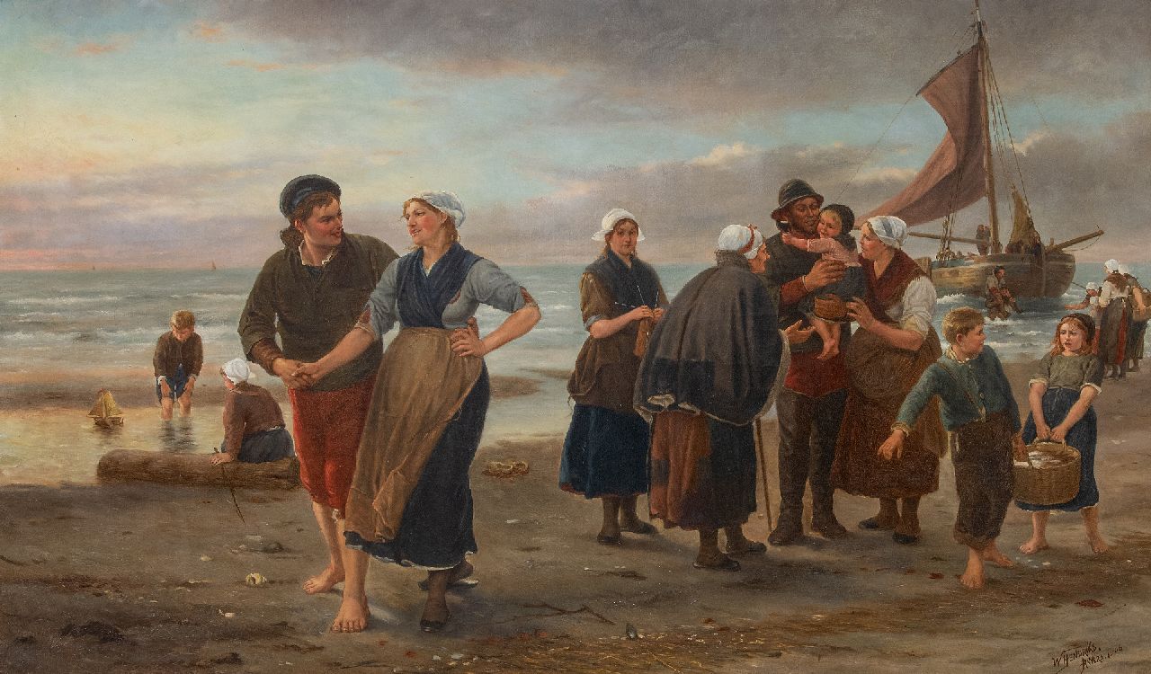 Hendriks W.  | Hendriks | Schilderijen te koop aangeboden | De gelukkige terugkeer van de vissers, olieverf op doek 73,1 x 120,8 cm, gesigneerd rechtsonder en gedateerd 'Anvers 1906'