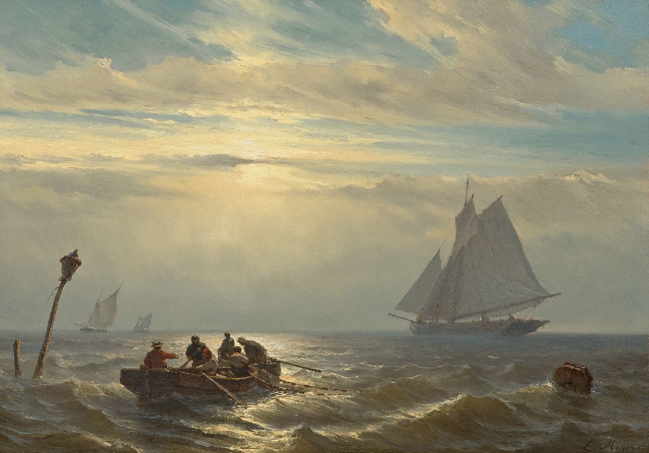 Meijer J.H.L.  | Johan Hendrik 'Louis' Meijer | Schilderijen te koop aangeboden | Avondstemming op zee, olieverf op paneel 30,7 x 42,1 cm, gesigneerd rechtsonder