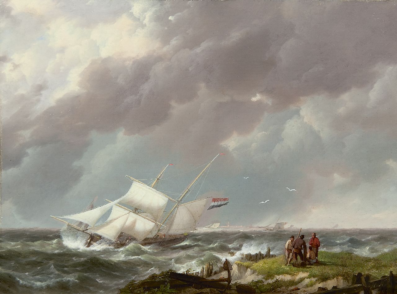 Koekkoek H.  | Hermanus Koekkoek, Schoenerbrik op woelige zee, bij een havenmond, olieverf op paneel 21,9 x 29,5 cm, gesigneerd rechtsonder met initialen
