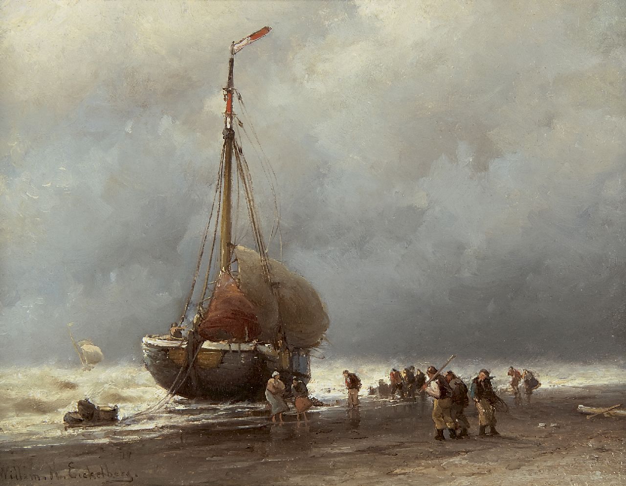 Eickelberg W.H.  | Willem Hendrik Eickelberg | Schilderijen te koop aangeboden | Het uitladen van de vangst bij storm, olieverf op paneel 26,8 x 35,0 cm, gesigneerd linksonder