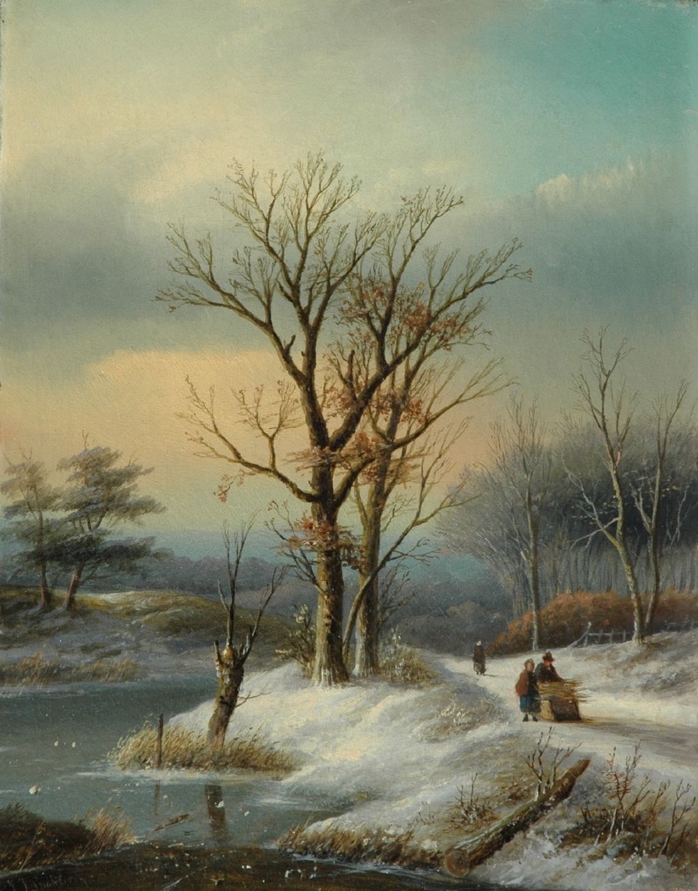 Spohler J.J.  | Jan Jacob Spohler, Figuren met duwslede op besneeuwd winters bospad, olieverf op doek 38,6 x 30,7 cm