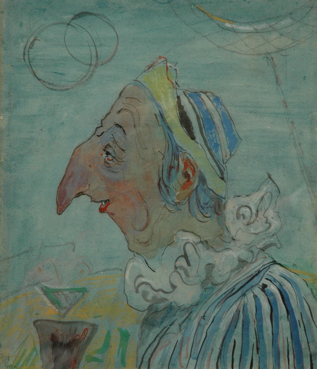 Kamerlingh Onnes H.H.  | 'Harm' Henrick Kamerlingh Onnes, Clown, potlood, pen en aquarel op papier 27,0 x 22,8 cm, gesigneerd linksonder met monogram en gedateerd '66