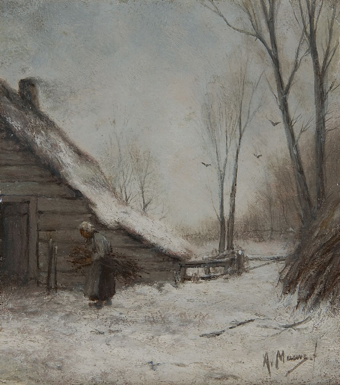 Mauve A.  | Anthonij 'Anton' Mauve, Sneeuwlandschap met boerin, olieverf op paneel 22,0 x 19,9 cm, gesigneerd rechtsonder