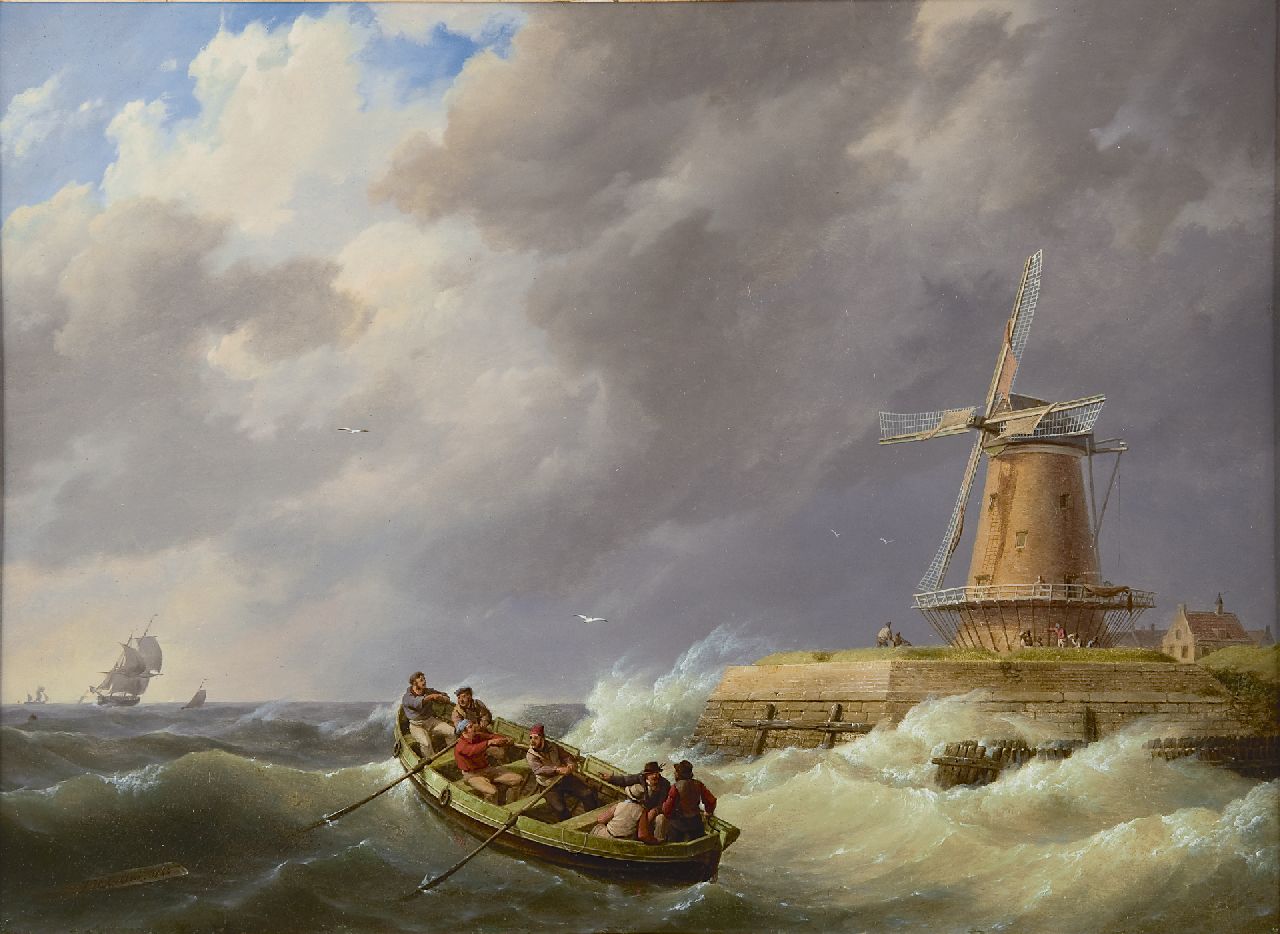 Koekkoek J.H.  | Johannes Hermanus Koekkoek, Roeiboot bij een haveningang, Zeeland, olieverf op paneel 37,3 x 50,5 cm, gesigneerd linksonder en gedateerd 1844
