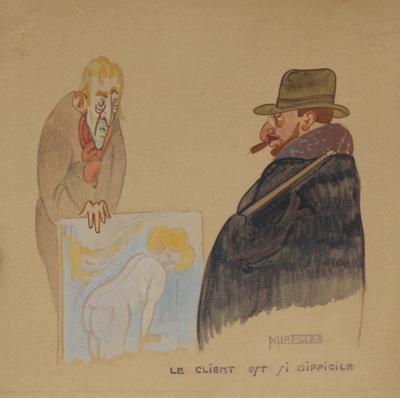Flize M. la | Maurice la Flize, De kritische klant, aquarel op karton 22,6 x 23,1 cm, gesigneerd rechtsonder