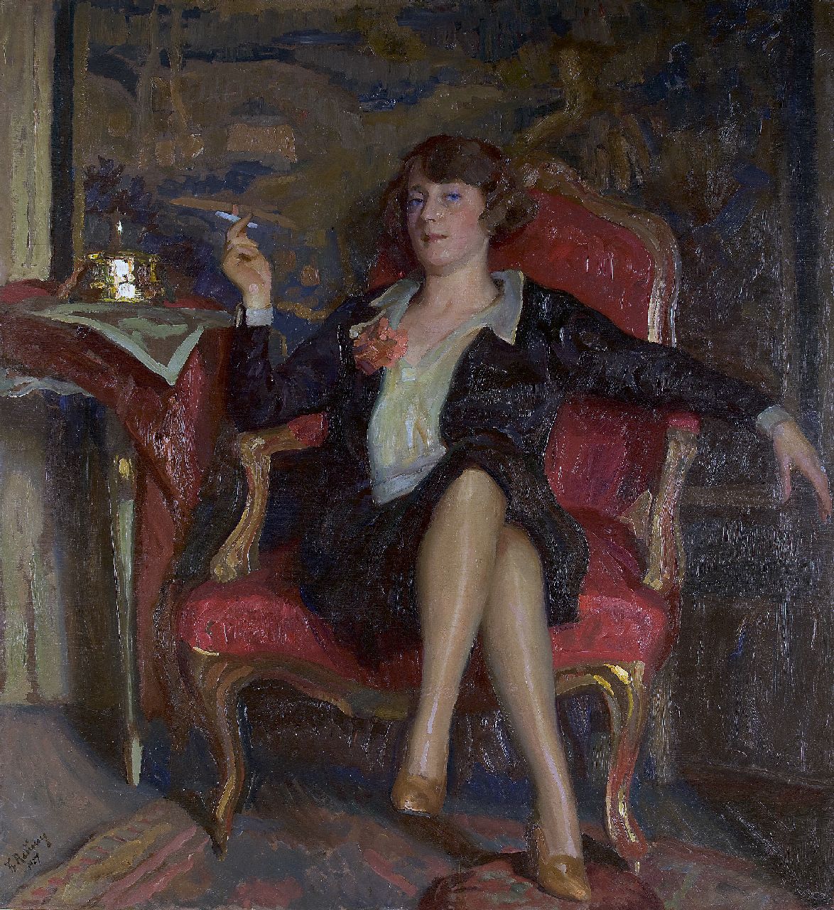 Reusing R.F.  | Richard Friedrich 'Fritz' Reusing, Portret van een dame met sigaret, olieverf op paneel 151,2 x 137,8 cm, gesigneerd linksonder en gedateerd 1927