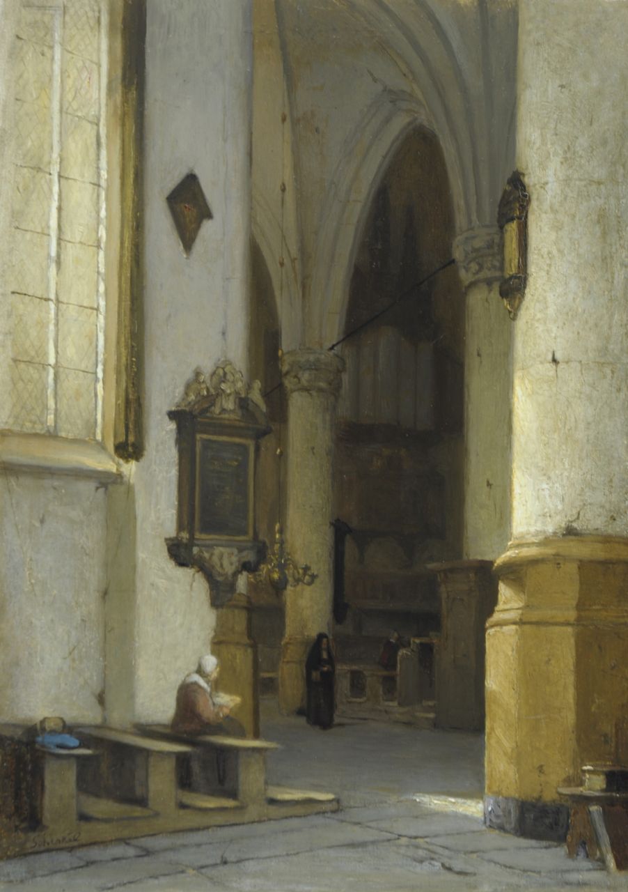Schenkel J.J.  | Jan Jacob Schenkel, Hollands kerkinterieur, olieverf op paneel 39,5 x 28,6 cm, gesigneerd linksonder